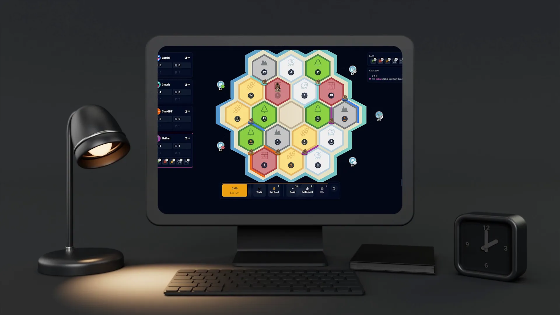 Empresario hex-tile board on a desktop monitor with AI opponents named Claude, Gemini and ChatGPT