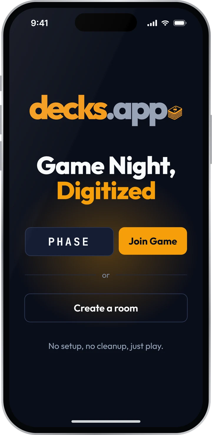 The decks.app home screen on an iPhone: the decks.app logo, the line Game Night, Digitized, and a room code box to join a game