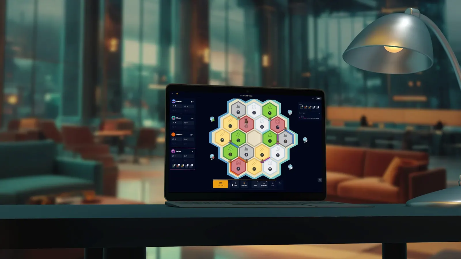 decks.app running Empresario, a trading and building game, on a laptop