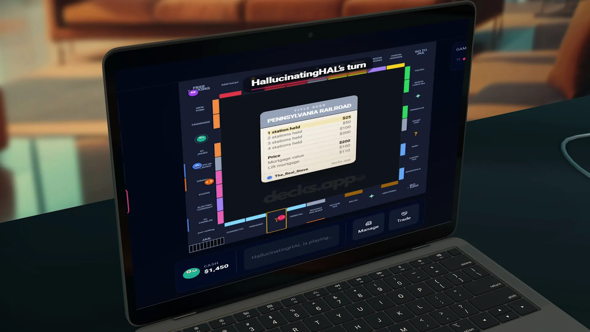Main Street Mogul board on a laptop mid-game, showing a railroad title deed