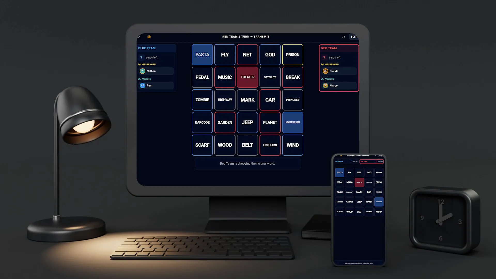 Shortwave word grid on a desktop monitor and the same board on a phone, mid-turn