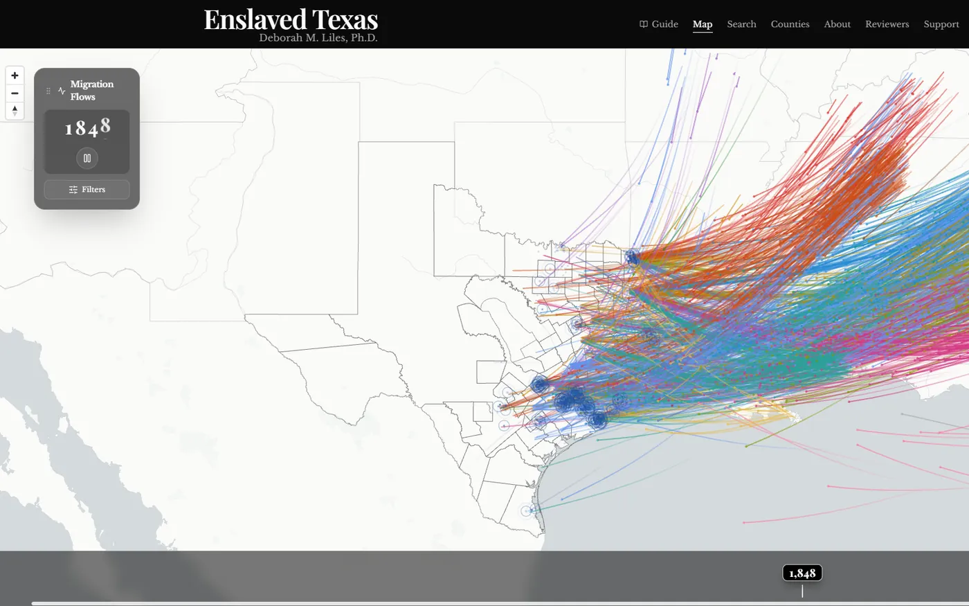 The migration map in 1848: trails from across the South reach Texas counties, with arrivals ringed in blue