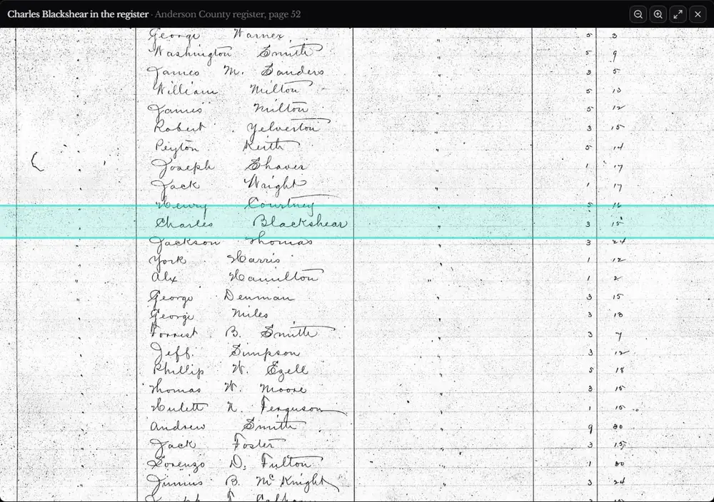 A page of the 1867 Anderson County register open in the Enslaved Texas viewer, with one handwritten line highlighted in teal