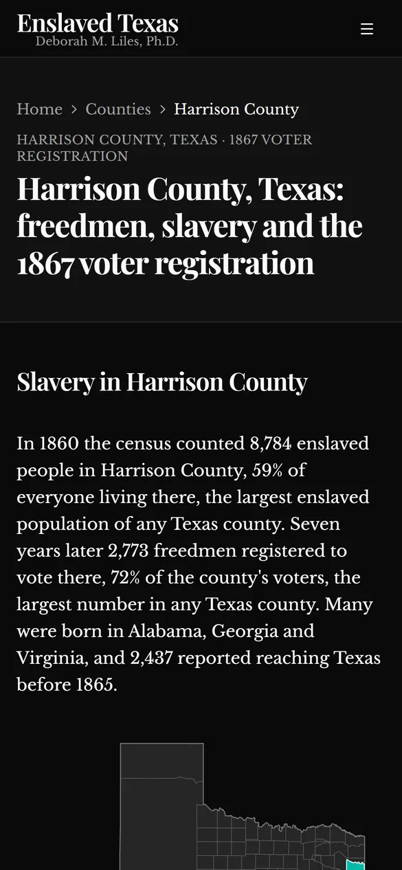 The Harrison County page on a phone, explaining in plain language how many people were enslaved there in 1860 and how many freedmen registered to vote in 1867