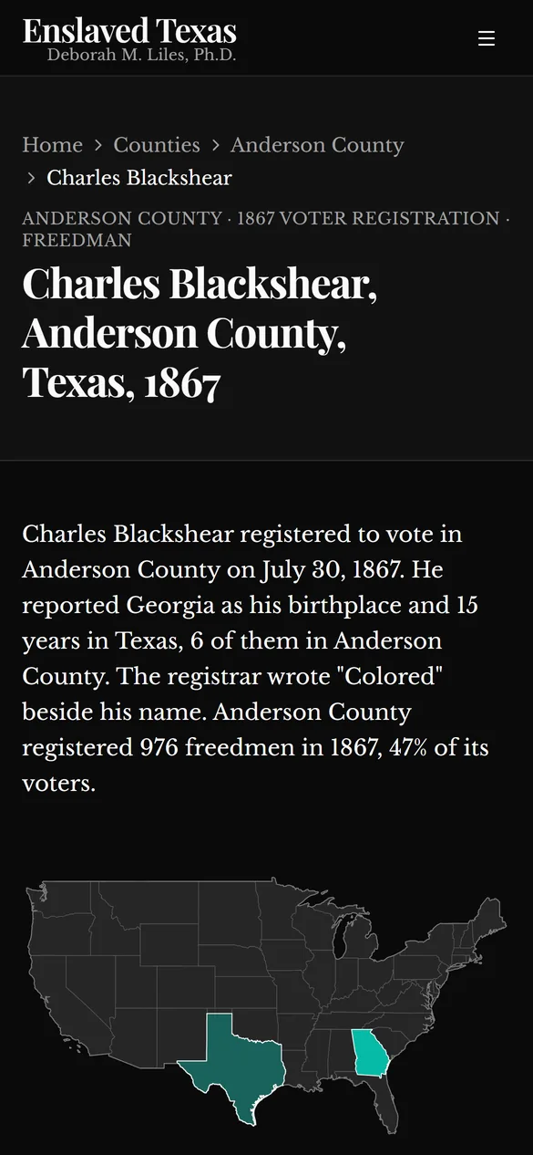 The same man&rsquo;s record on a phone: his name, Anderson County, 1867, and a plain-language summary of what the register says