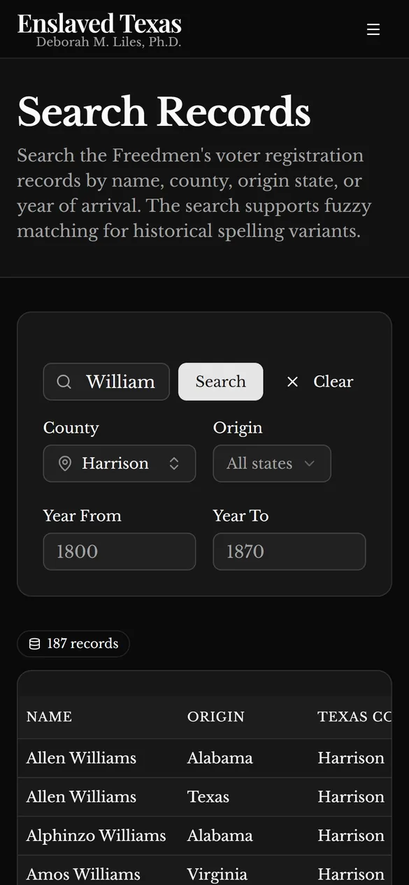 Search Records on a phone: a search for Williams in Harrison County returns 187 records, with a note that the search supports fuzzy matching for historical spelling variants