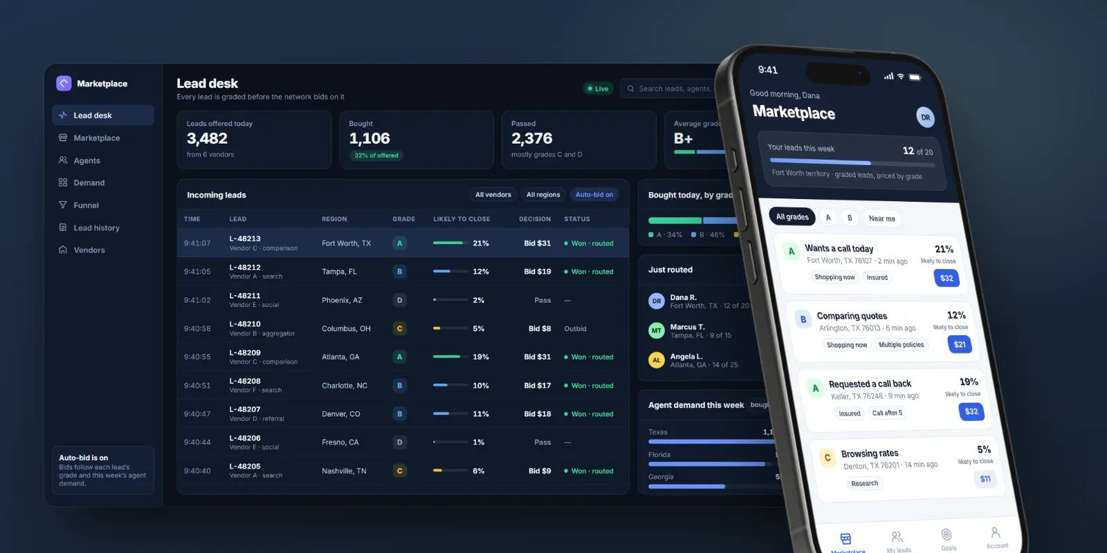 The lead marketplace: the network&rsquo;s lead desk grading incoming leads, and an agent&rsquo;s marketplace on an iPhone
