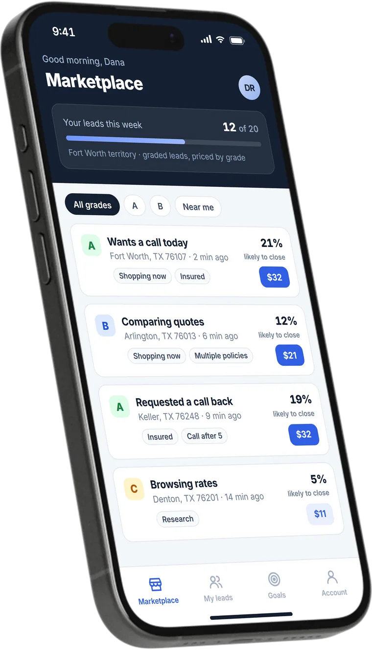 The lead marketplace on an iPhone: an agent&rsquo;s list of graded leads in Fort Worth, each with its grade, how likely it is to close and its price