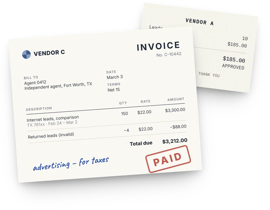 A lead vendor&rsquo;s paper invoice stamped paid, with a handwritten note reading advertising, for taxes, on top of a card receipt for ten leads