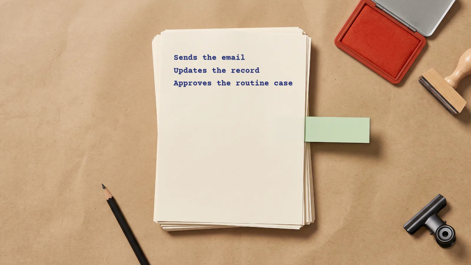 A pile of typed paperwork on a kraft desk, one green flag marking the sheet a person must see
