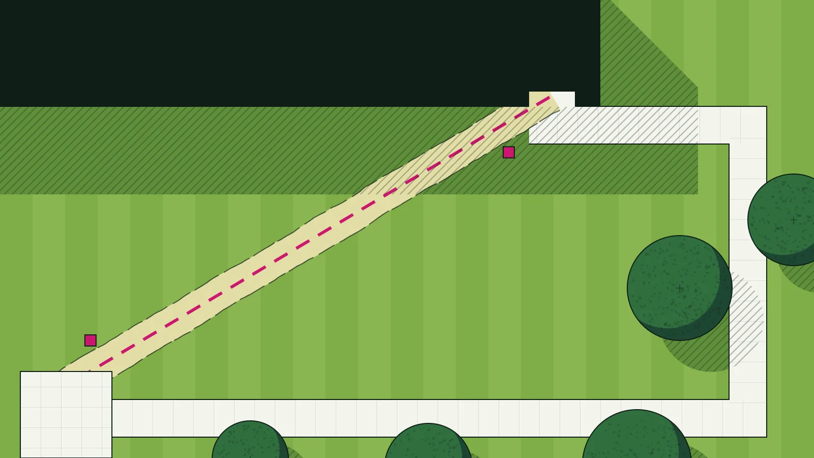 Site plan of a lawn: the paved path goes the long way round while a worn shortcut, marked in pink, cuts straight to the door