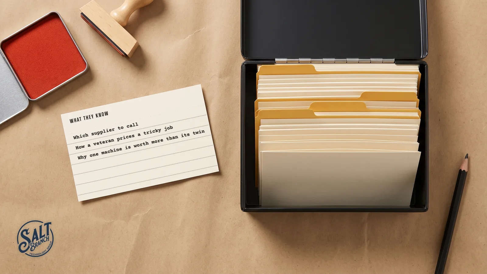 An open card file on a kraft desk beside one typed index card of an expert's know-how