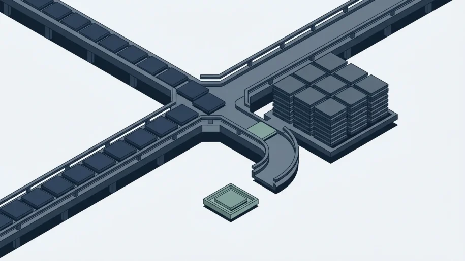 Isometric illustration of tiles moving along a sorting track, with one tile set apart on its own tray for review