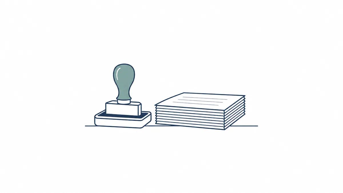 A rubber stamp on its ink pad beside a neat stack of finished papers: the final decision stays with a person
